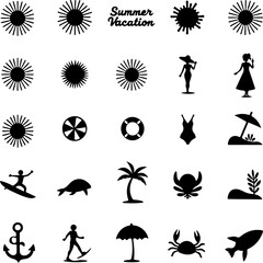 Summer Day Element and Tropical Island Scene – Hibiscus Flowers & Palm Tree Line Art