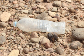 Obraz premium A plastic bottle lying on the ground, Plastic pollution, Plastic environmental impact