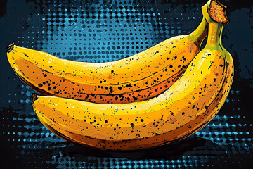 Two yellow bananas with black spots lay against a halftone blue and black speckled background