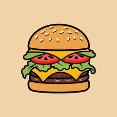 Vector illustration of a delicious fast food cheeseburger with sesame bun, beef, cheese, lettuce, and tomato, isolated with fries