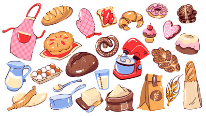Bakery food, ingredients and chefs tools cartoon set. Rustic bread and cake, wheat ear with grains, equipment to cook and bake. Bakery mascot, cartoon stickers collection vector illustration