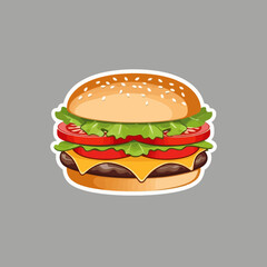 Juicy grilled beef cheeseburger with fresh lettuce, tomato, onion, and sesame bun isolated on a white background for a delicious fast food meal