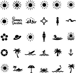 Summer Day Element and Tropical Island Scene – Hibiscus Flowers & Palm Tree Line Art