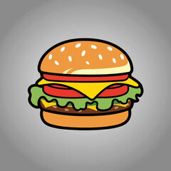Vector illustration of a delicious grilled beef cheeseburger with sesame bun, lettuce, tomato, onion, and fries,