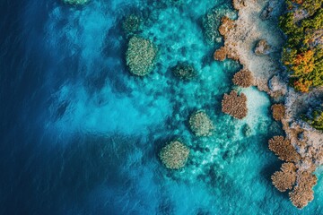 Obraz premium Vibrant coral reef viewed from above in clear blue water during daylight showcasing marine life diversity, Aerial view of coral reef in clear blue water