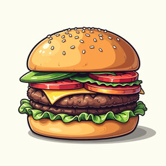 Delicious grilled beef hamburger with cheese, lettuce, and tomato on a sesame bun, isolated on white
