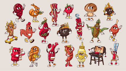 Groovy BBQ picnic cartoon characters set. Funny retro barbecue meat and vegetables, grill equipment personages collection. BBQ mascots, and funky cartoon stickers of 70s 80s vector illustration