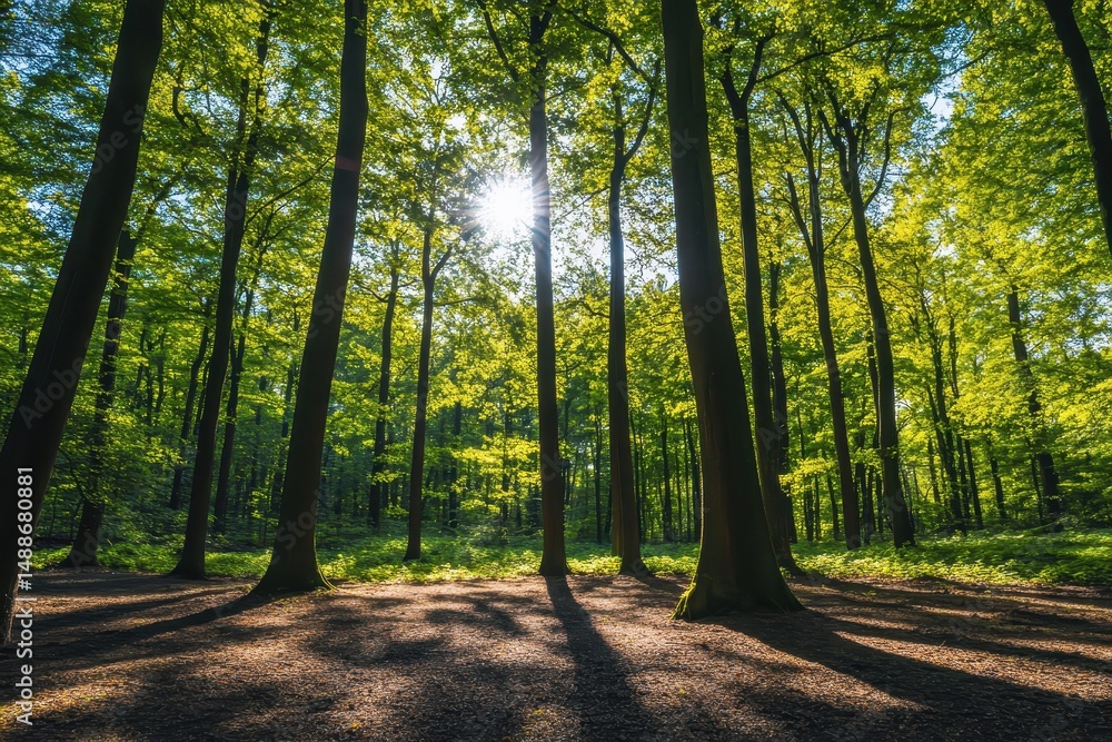 Aufkleber shady forest view with sunlight streaming through tree canopies during calm timelapse, forest view w