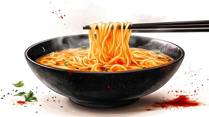 Flat vector illustration of steaming noodles in a black bowl