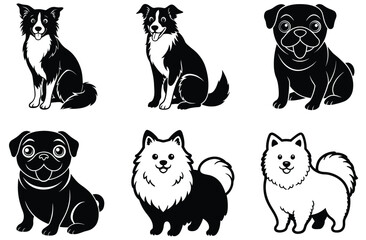 A vector cartoon set features a collection of black and white cat animal silhouettes, a fun art design