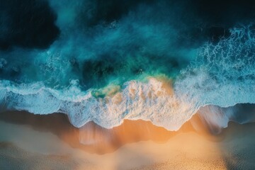 Breathtaking aerial view of a serene beach with clear blue waters and soft golden sands at sunset, Aerial views of beautiful beach and landscape