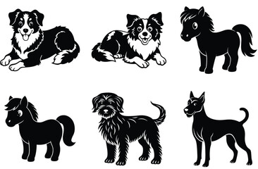 A black vector set features running dog silhouettes alongside other animals