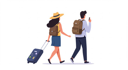 Cartoon Tourist Couple Walking with Suitcases – Travel Concept Vector, Rear View