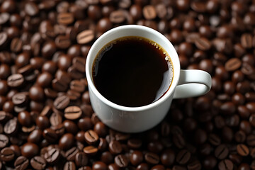 Fototapeta premium A cup of black coffee is sitting on the table with a sprinkle of some coffee beans.