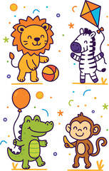 Set of wild animals illustration for kids education, colorful characters, lion, zebra, cocodrile and monkey