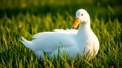 White Duck Resting in Green Grass &ndash; Close-Up of Domestic Waterfowl in Natural Light