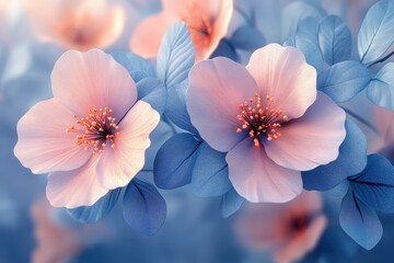 Delicate pastel flowers bloom against a soft blue background showcasing nature's beauty in springtime