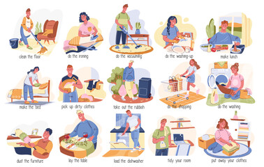 People do housework cartoon set. Funny man and woman cleaning floor and furniture, doing laundry and shopping, washing dishes and ironing. Housework cartoon actions collection vector illustration