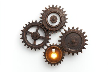 Interlocking gears with one gear housing a lit lightbulb, symbolizing ideas, innovation, and a connected working system.