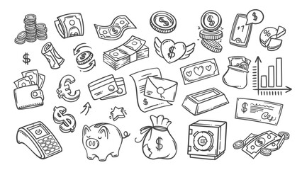 Money line icons set. Outline hand drawn cash paper dollar bills and coins pile, piggy bank and bag, credit card. Finance, currency mascot, money payment and transaction icons vector illustration