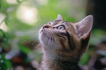 Cute little cat exploring a vibrant forest setting with lovely greenery and soft light patterns, cute little cat in the forest  seamless ing time-lapse virtual Photo Background