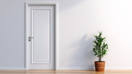 Minimalist interior with a white door, light wall, wood floor, and a small potted plant for a clean space.