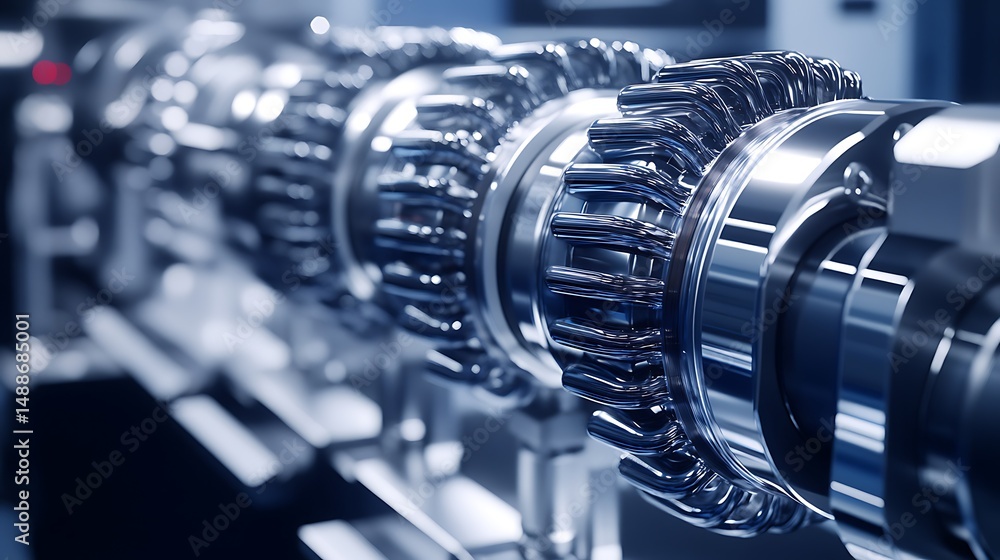 Poster close-up of a complex robotic arm with chrome gears