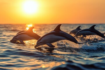 Fototapeta premium Dolphins leaping through the waves at sunset in Sri Lanka's serene waters, Beautiful wild nature of Sri Lanka Dolphins in sea in sun light of sunrise