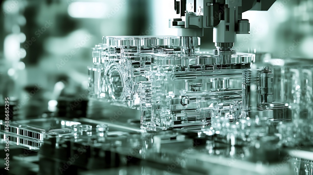 Poster high resolution close up of a robotic arm assembling a circuit board