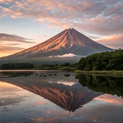 Fototapeta premium Mount fuji reflection at sunrise A majestic view of Mount Fuji at sunrise, its reflection perfectly mirrored in a calm lake. The sky displays soft pastel hues, enhancing the serene atmosphere.