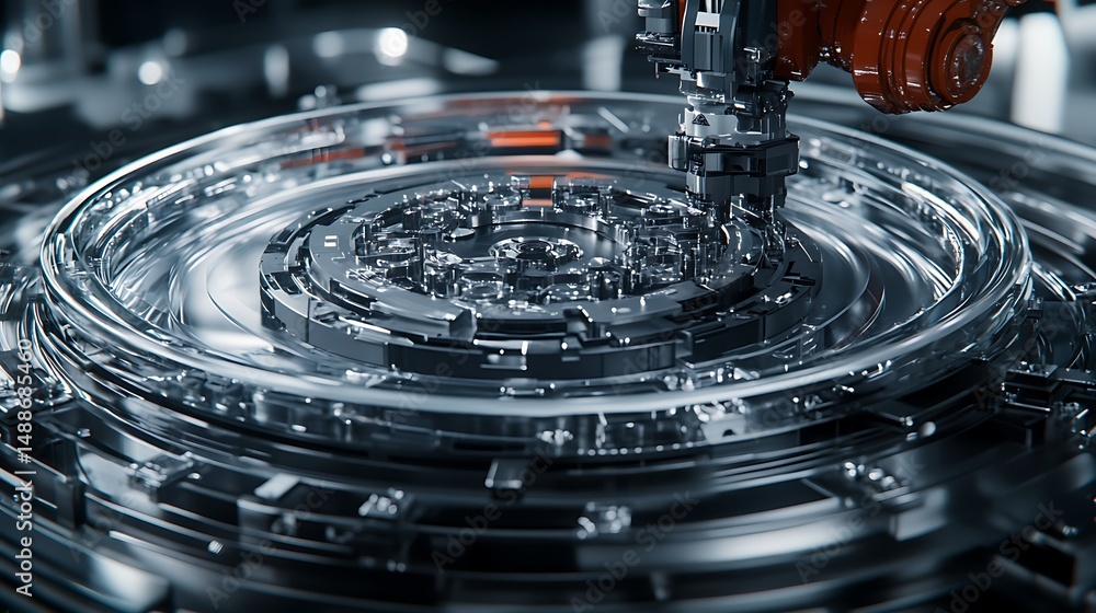 Poster close-up of a robotic arm interacting with a circular mechanism