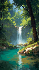 Naklejka premium Anime Manga Illustration of a Serene Waterfall in a Mystical Forest