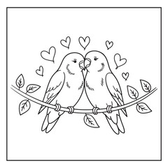 Two Lovebirds Cuddling with Hearts – Cute Animal Coloring Page
