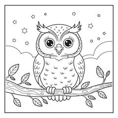 Cute Owl on a Branch with Stars and Moon – Coloring Page