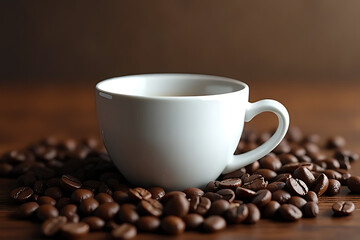 A cup of black coffee is sitting on the table with a sprinkle of some coffee beans.