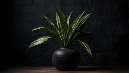 Elegant aspidistra plant in black ceramic vase on dark wooden surface and textured background