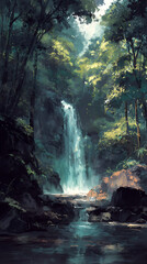 Anime Manga Illustration of a Serene Waterfall in a Mystical Forest