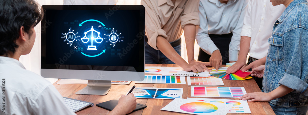 Poster ai ethics responsibility standard law and rules on computer screen provide report of ai ethic transp