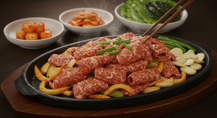 Sizzling Korean BBQ A Delicious Plate of Marinated Beef, Vegetables, and Aromatic Spices