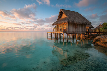 Wooden bungalow on stilts over clear blue lagoon, shot at sunrise.