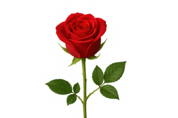 Beautiful single red rose with green leaves isolated on transparent background, perfect for romantic projects