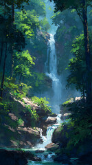 Anime Manga Illustration of a Serene Waterfall in a Mystical Forest