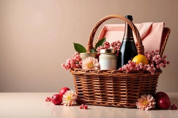 Elegant wicker gift basket filled with luxury items, wicker basket, exclusive