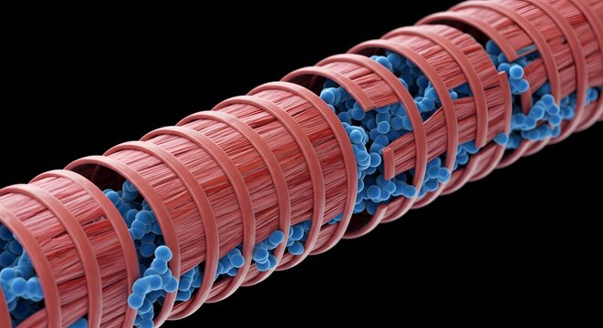 Spiral Molecular Structure Showcasing Blue Atoms Encased in Red Framework Representing Chemistry
