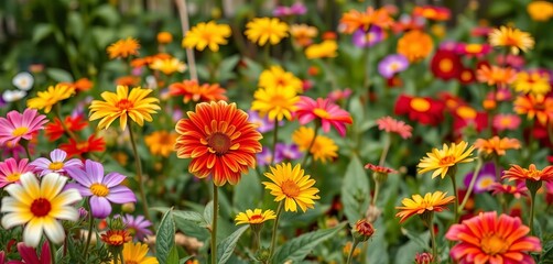 Obraz premium Vibrant rainbow spring flowers blooming in lush garden, leaves, design