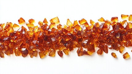 A long, thin line of amber-colored, irregular, translucent, and semi-transparent pieces of hardened sugar, resembling crushed candy, is spread across a white surface