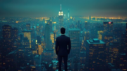 An executive observes the illuminated cityscape at night from a high vantage point, showing ambition and contemplation