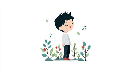 Boy Singing in a Garden: Illustration