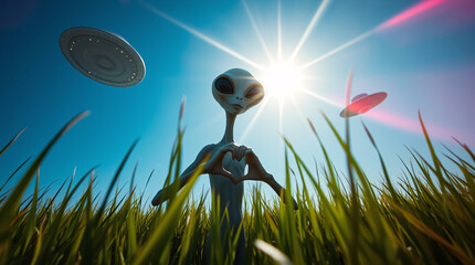 An alien in a wheat field with UFOs in the sky, forming a heart shape with its hands.