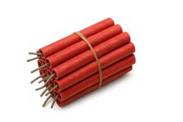Bundle of red firecrackers tied with string, creating a dangerous explosive device, isolated on transparent background